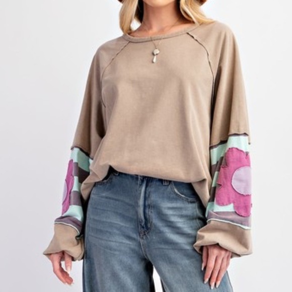 Boho Floral Patch Striped Reverse Stitch Oversized Sweatshirt Top Easel NWT - Picture 3 of 5